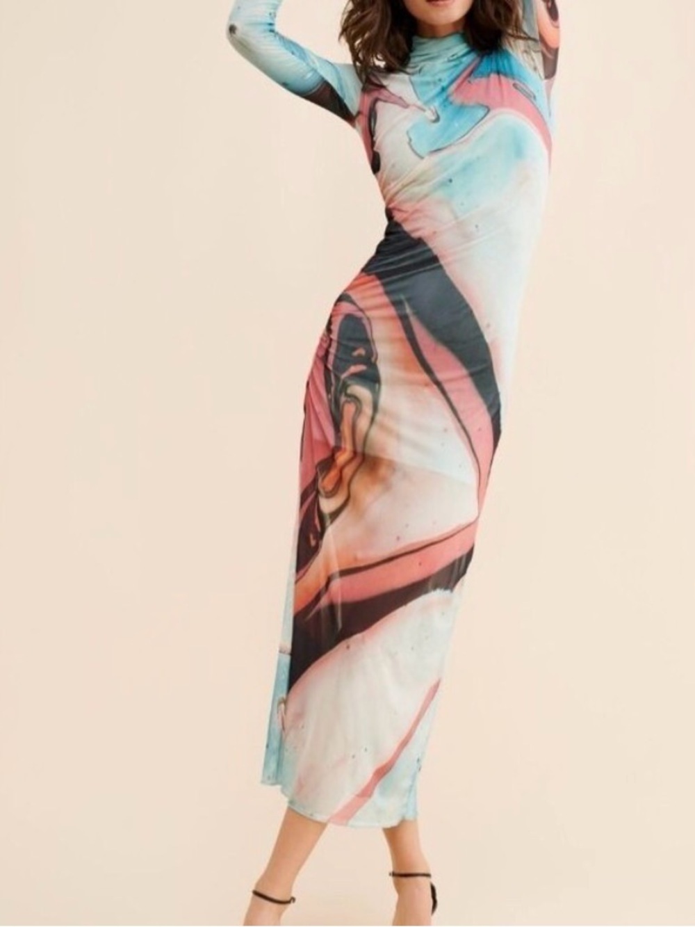 SAEMDI Lava mesh watercolor abstract open back long sleeve maxi dress